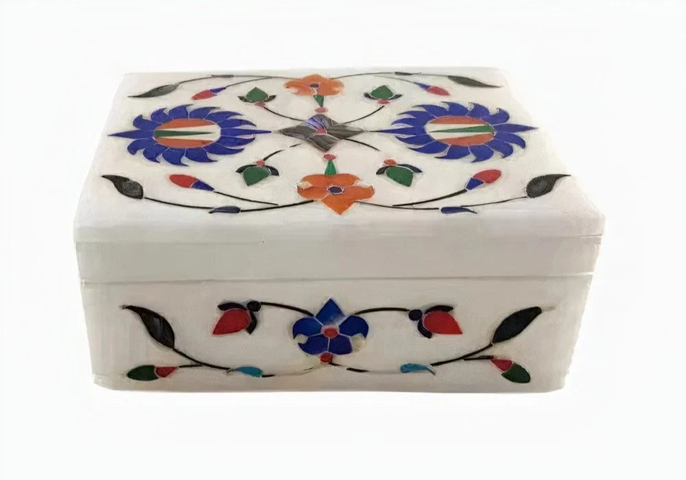 Handcrafted White Marble Inlay Box – Floral Design (4 x 3 inch)