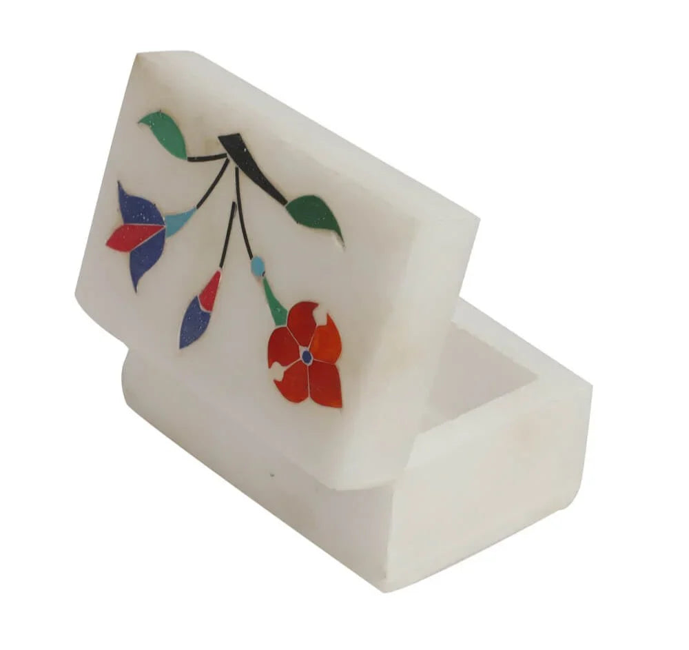 Handcrafted White Marble Inlay Box – Floral Design (4 x 3 inch)