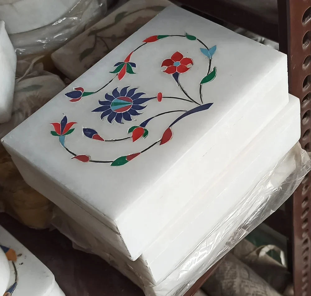 Handcrafted White Marble Inlay Box – Floral Design (4 x 3 inch)