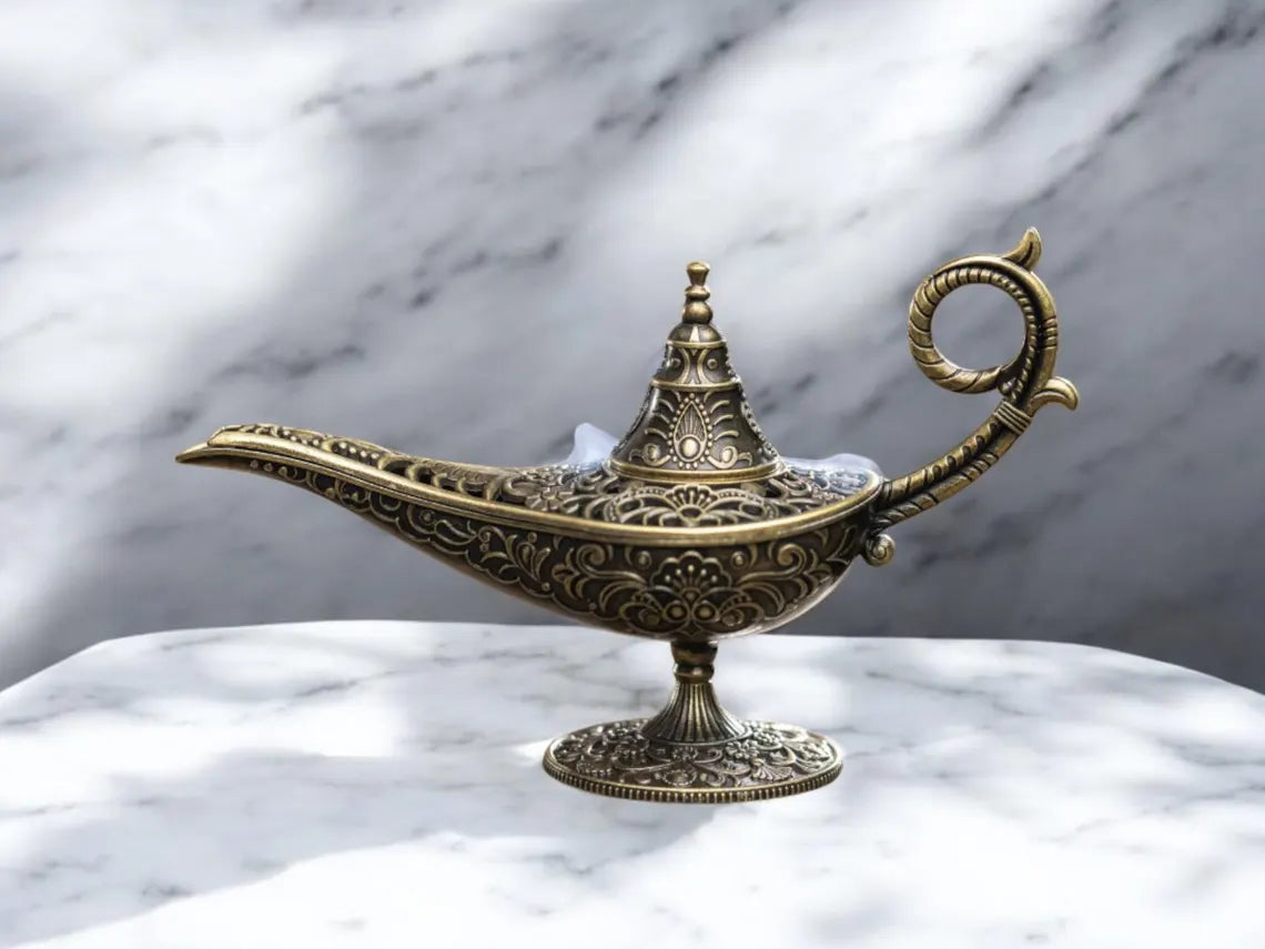 Antique Metal Incense Burner – Aladdin’s Magic Lamp Design – Decorative Craft & Candle Holder