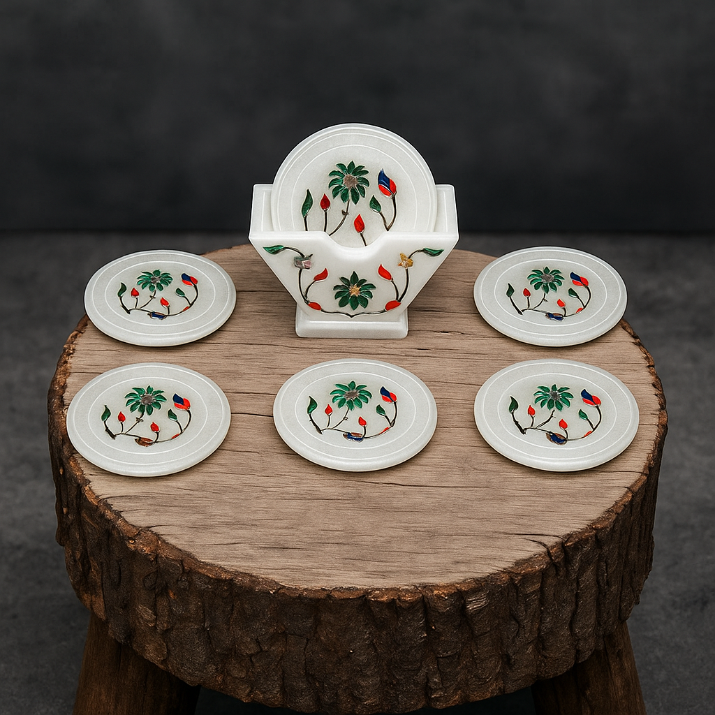 White Marble Tea Coaster Set – Floral Inlay Work (Set of 6, 3.5-inch)