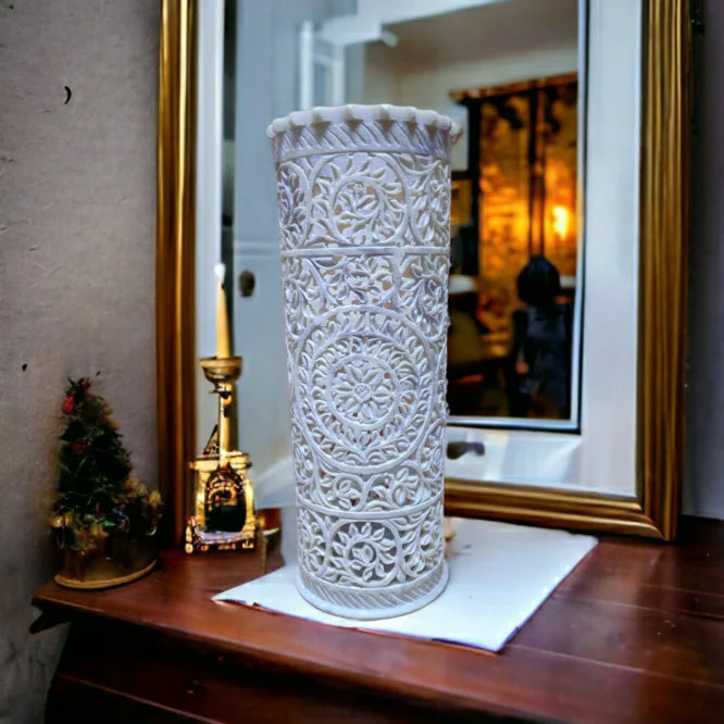 Handcrafted Soapstone Marble Flower Vase – Floral Cylinder Design (10-Inch)
