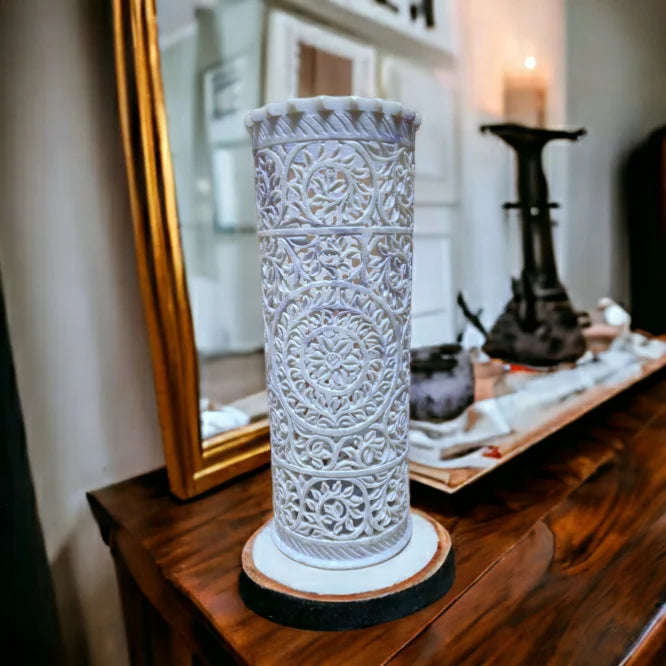 Handcrafted Soapstone Marble Flower Vase – Floral Cylinder Design (10-Inch)