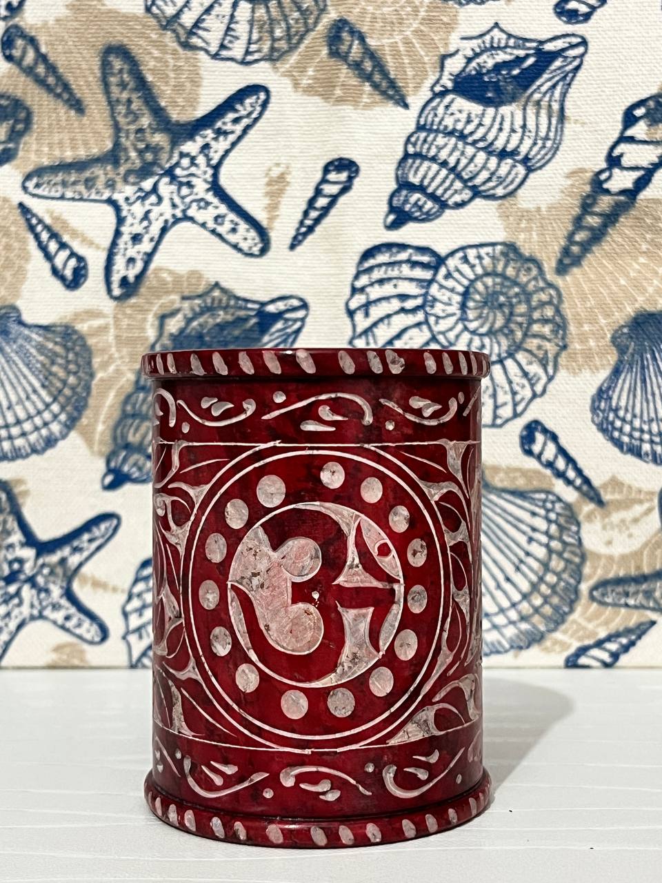 Handcrafted Red Marble “Om” Pen Stand – 4” (H) x 3” (Dia.)