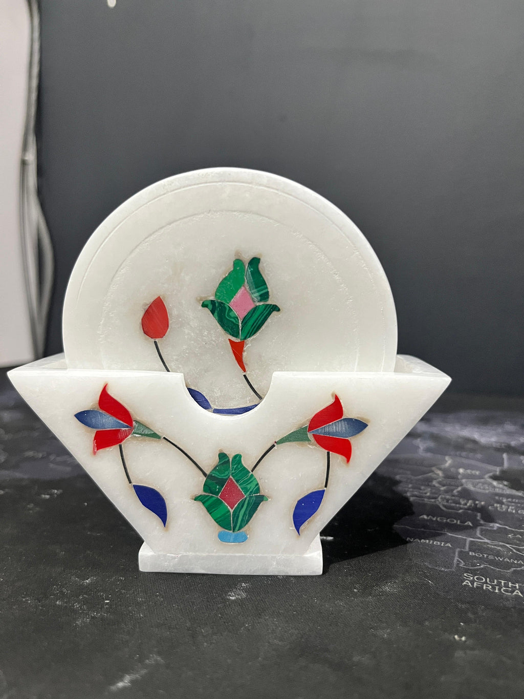 White Marble Tea Coaster Set – Floral Inlay Work (Set of 6, 3.5-inch)