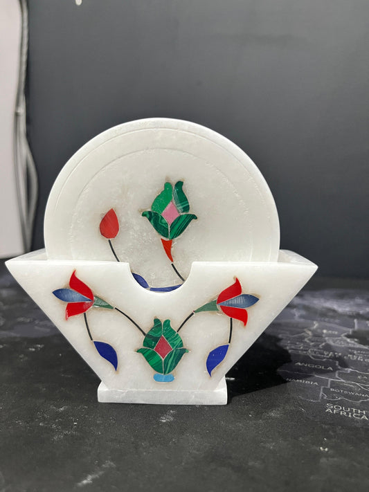 White Marble Tea Coaster Set – Floral Inlay Work (Set of 6, 3.5-inch)