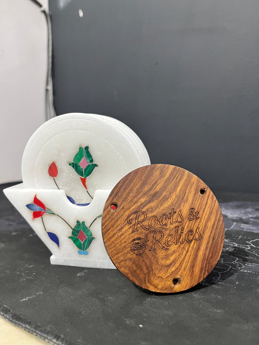 White Marble Tea Coaster Set – Floral Inlay Work (Set of 6, 3.5-inch)