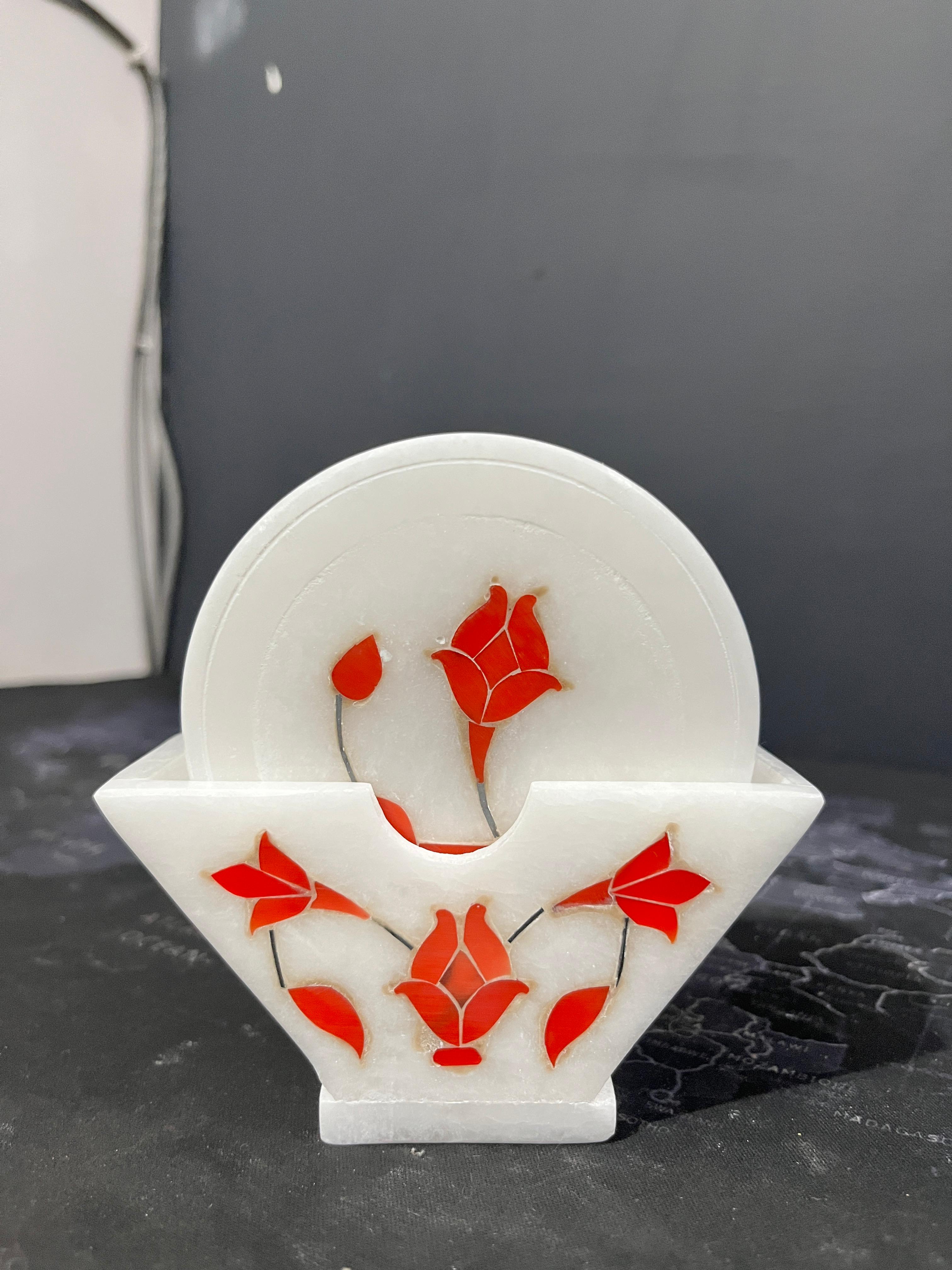 White Marble Tea Coaster Set – Floral Inlay Work (Set of 6, 3.5-inch)
