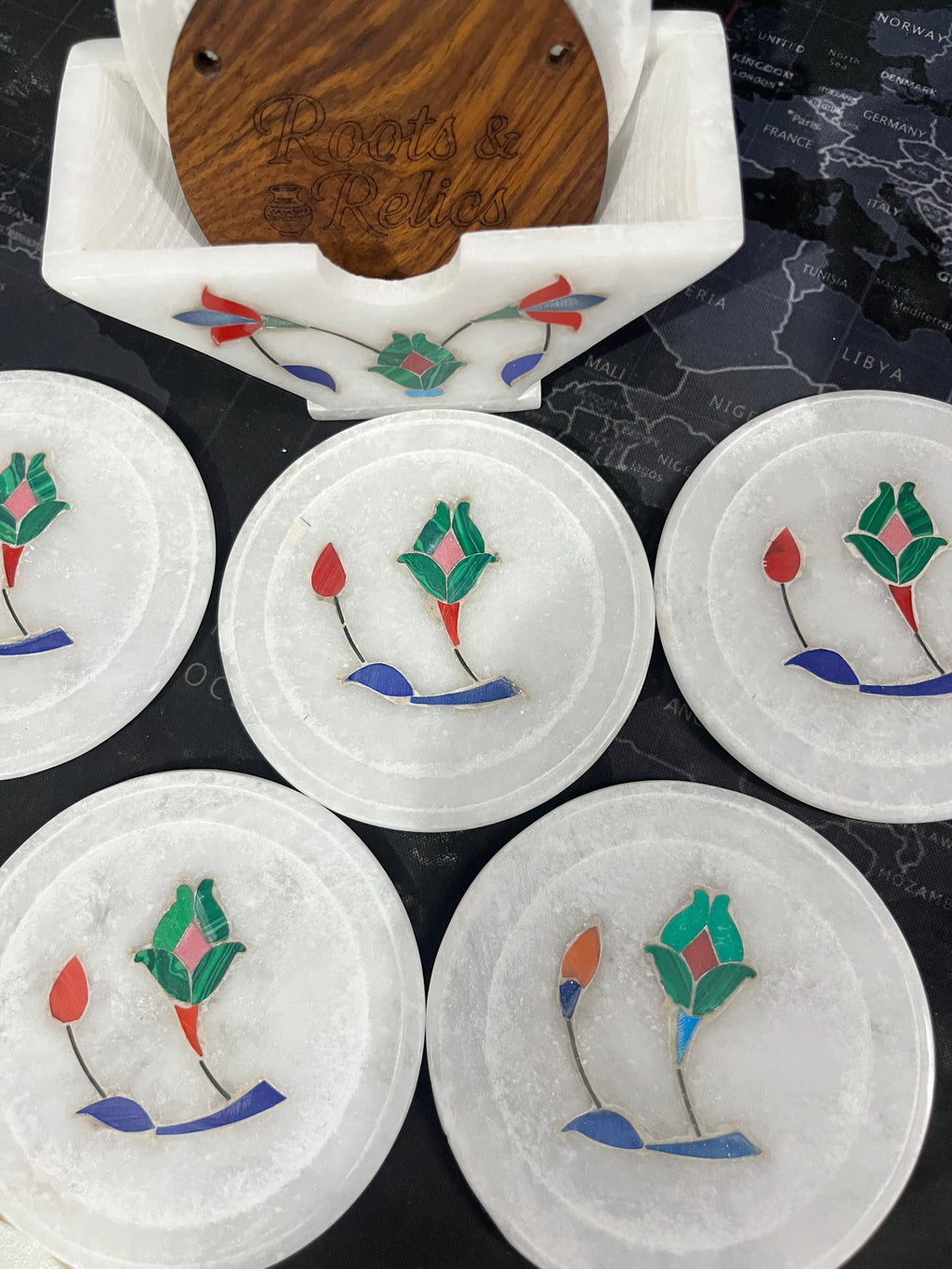 White Marble Tea Coaster Set – Floral Inlay Work (Set of 6, 3.5-inch)