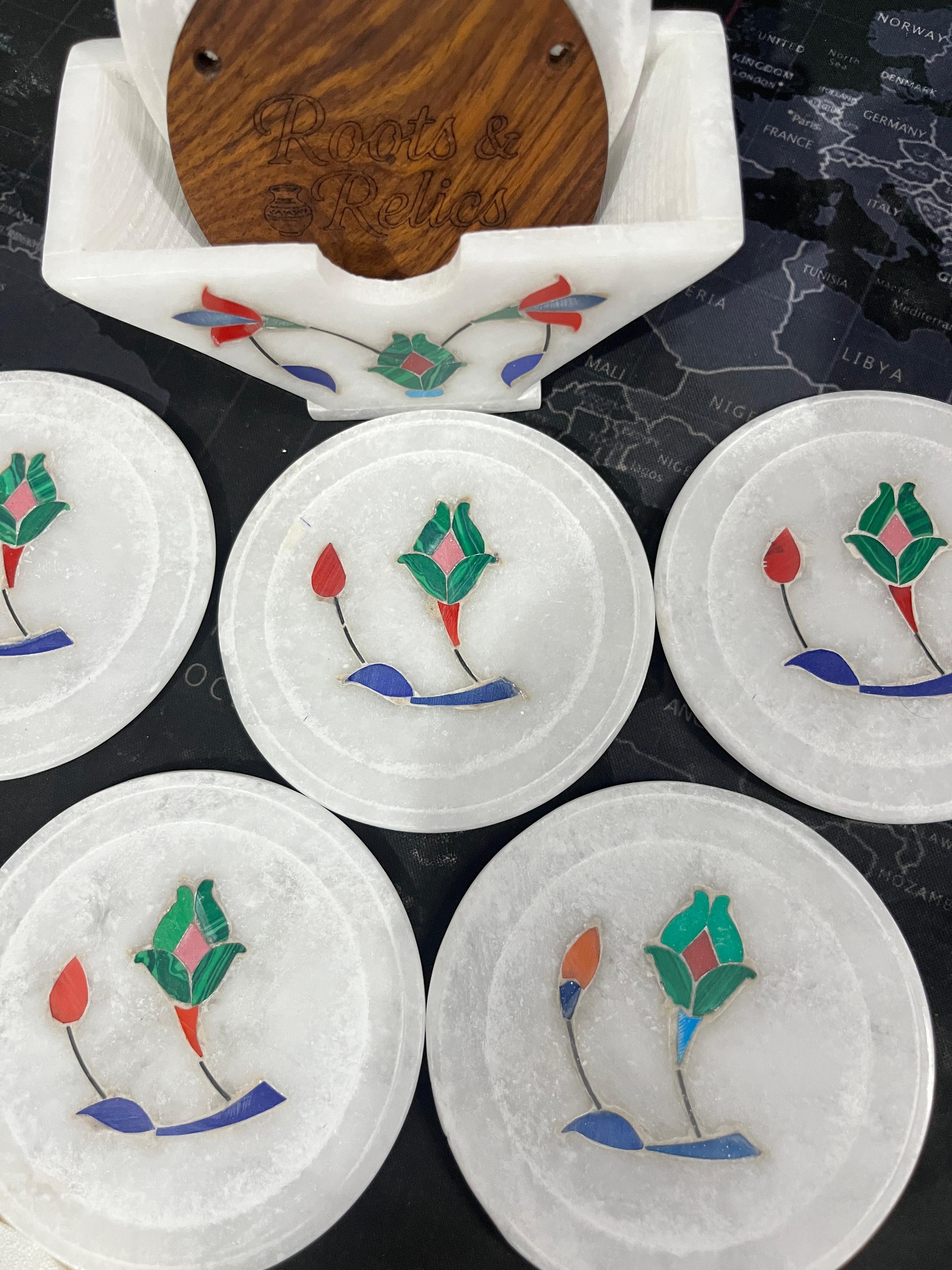 White Marble Tea Coaster Set – Floral Inlay Work (Set of 6, 3.5-inch)